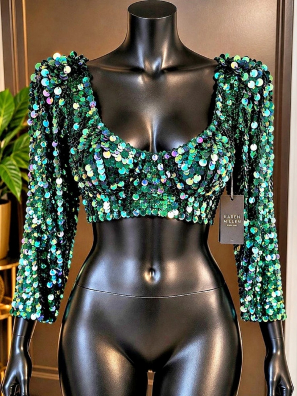Karen Millen Sequin Woven Long Sleeve Woven Cropped Top Cropped Top Green & Blue